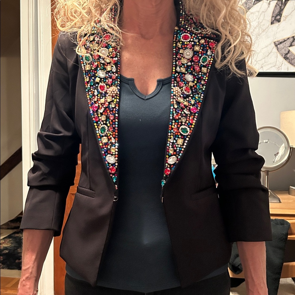 NWT BOSTON  PROPER  Black Jacket with Multicolor Beaded Collar SIZE 2   GORGEOUS - Picture 7 of 9